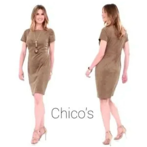 Chico's Tan Midi Sheath Dress Crew Neck Short Sleeve Chicos 1 NWT - Picture 1 of 9